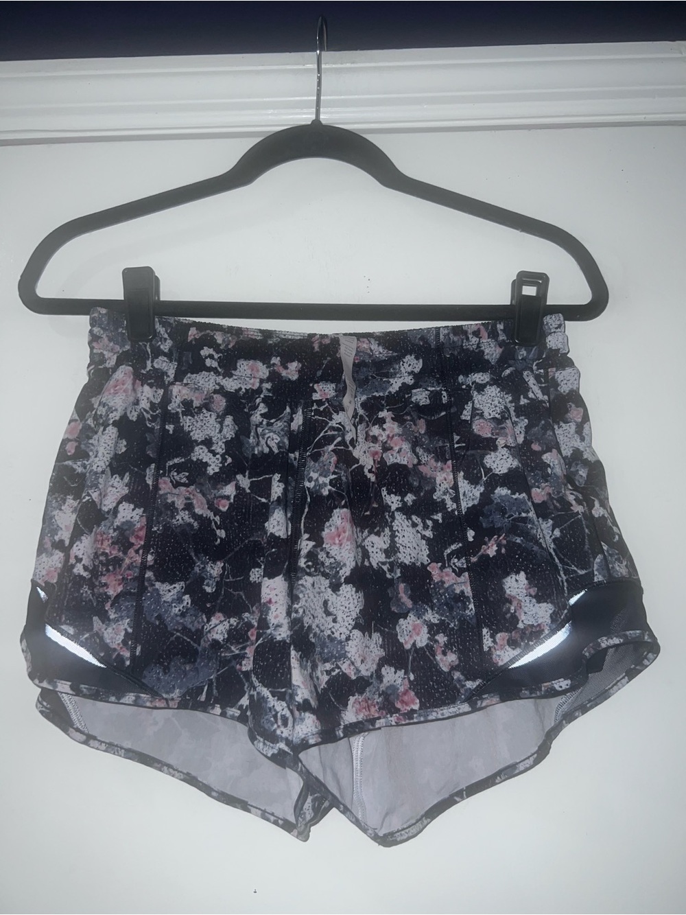 lululemon athletica Black Floral Running Shorts with Pink and White Blossoms